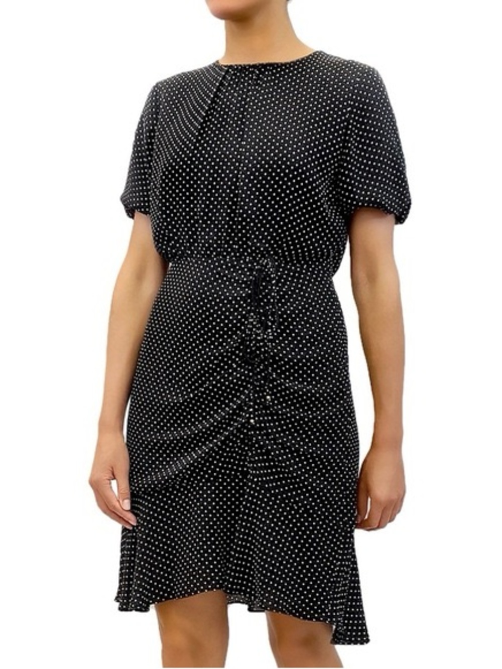 Sam Edelman Polka Dot Short Sleeve Ruched Dress Sz 12 Parisian Chic French Girl